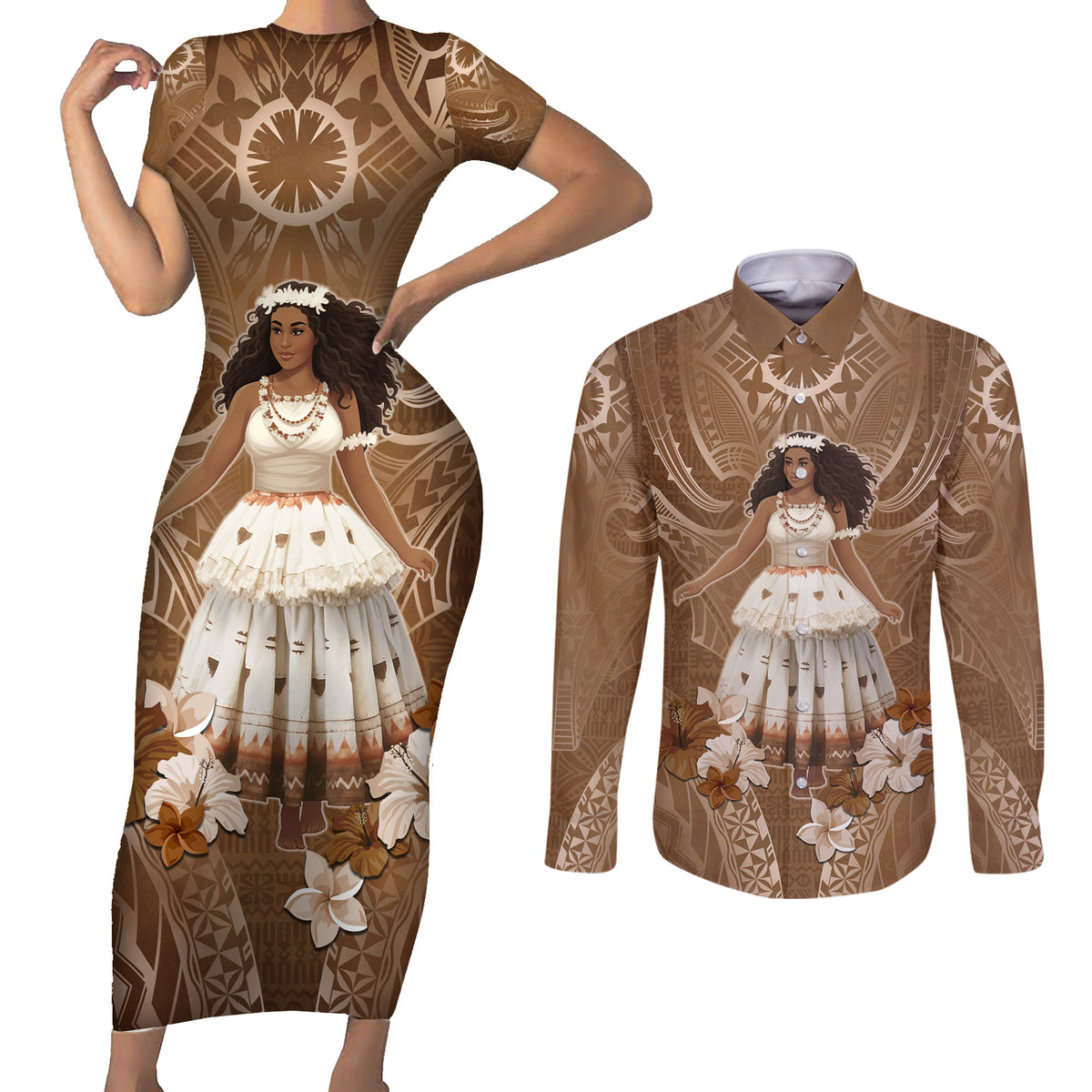 Bula Fiji Women's Day Couples Matching Short Sleeve Bodycon Dress and Long Sleeve Button Shirt With Fijian Tapa Pattern LT05 Brown - Polynesian Pride