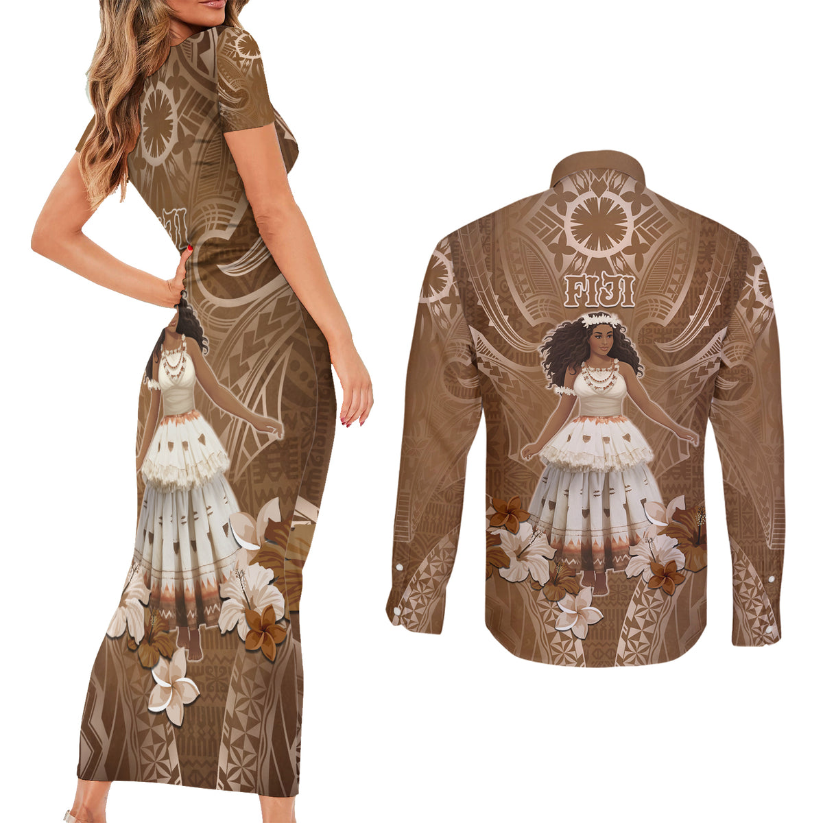 Bula Fiji Women's Day Couples Matching Short Sleeve Bodycon Dress and Long Sleeve Button Shirt With Fijian Tapa Pattern LT05 - Polynesian Pride