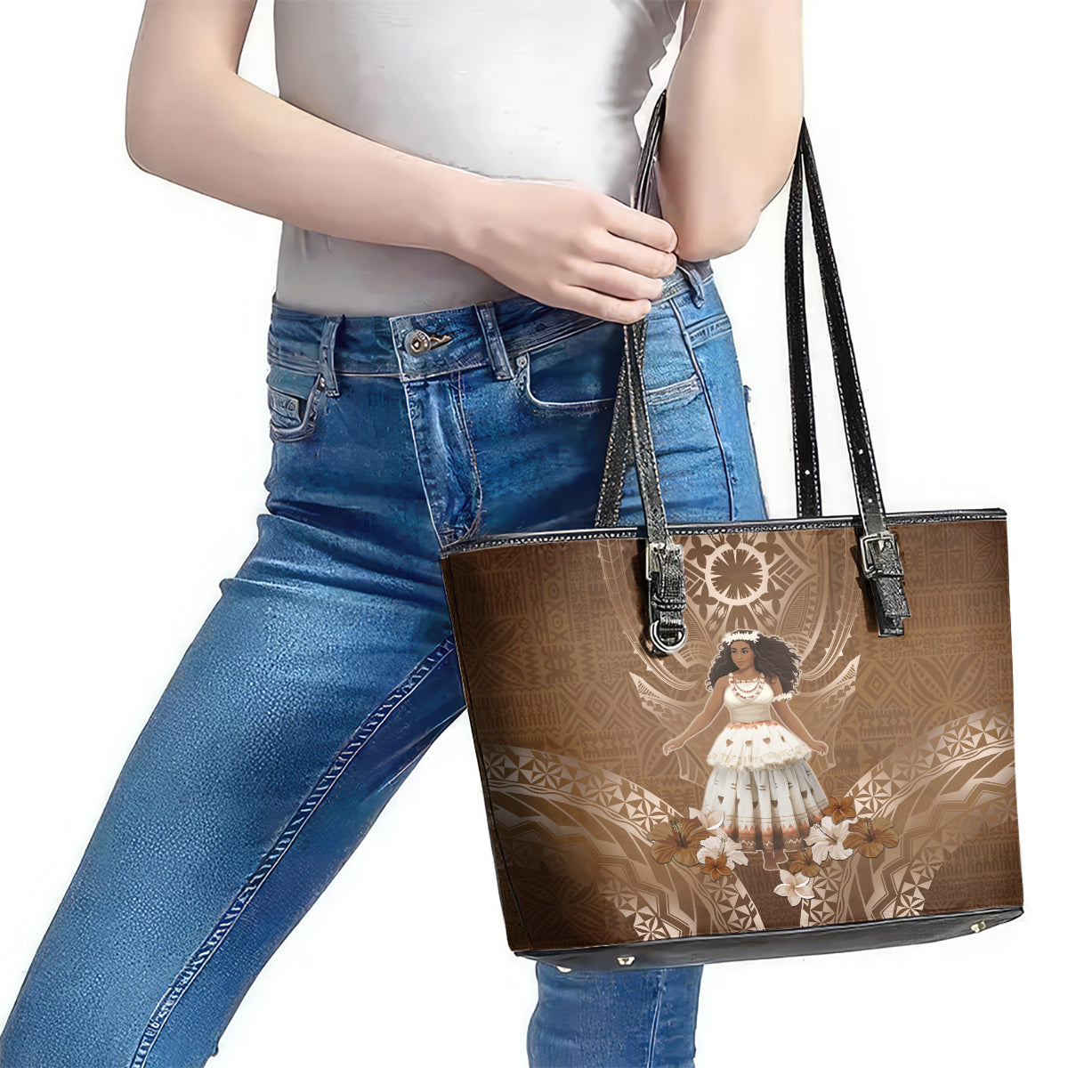 Bula Fiji Women's Day Leather Tote Bag With Fijian Tapa Pattern