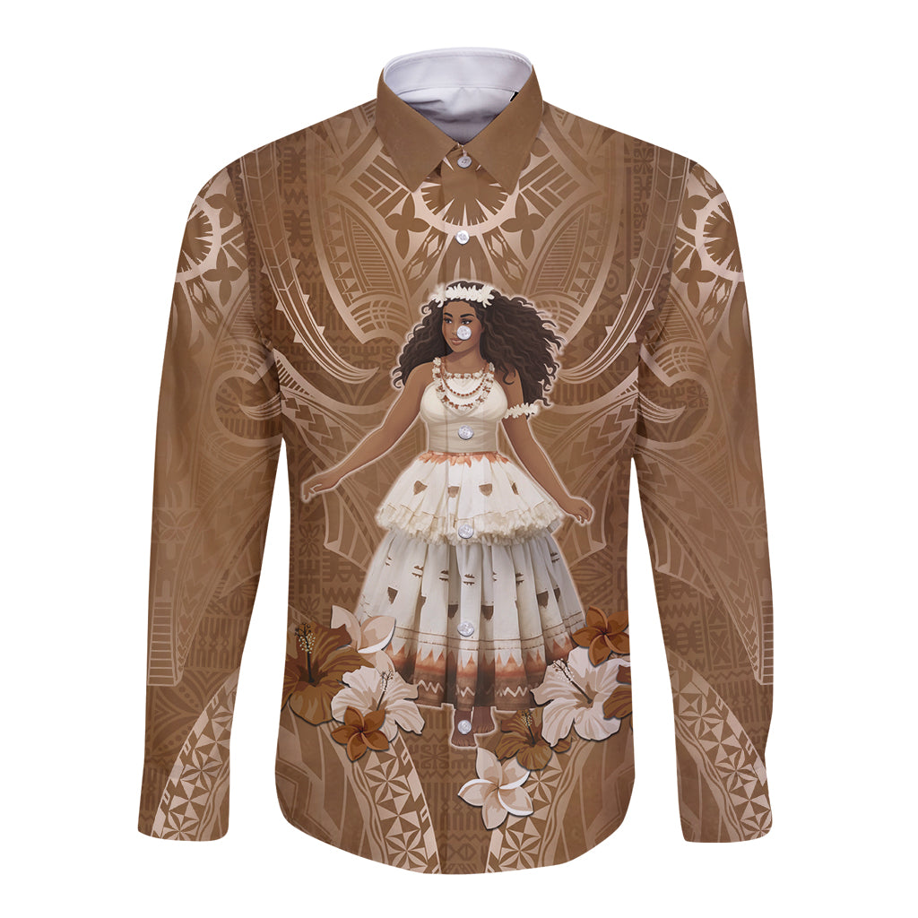 Bula Fiji Women's Day Long Sleeve Button Shirt With Fijian Tapa Pattern LT05 Unisex Brown - Polynesian Pride