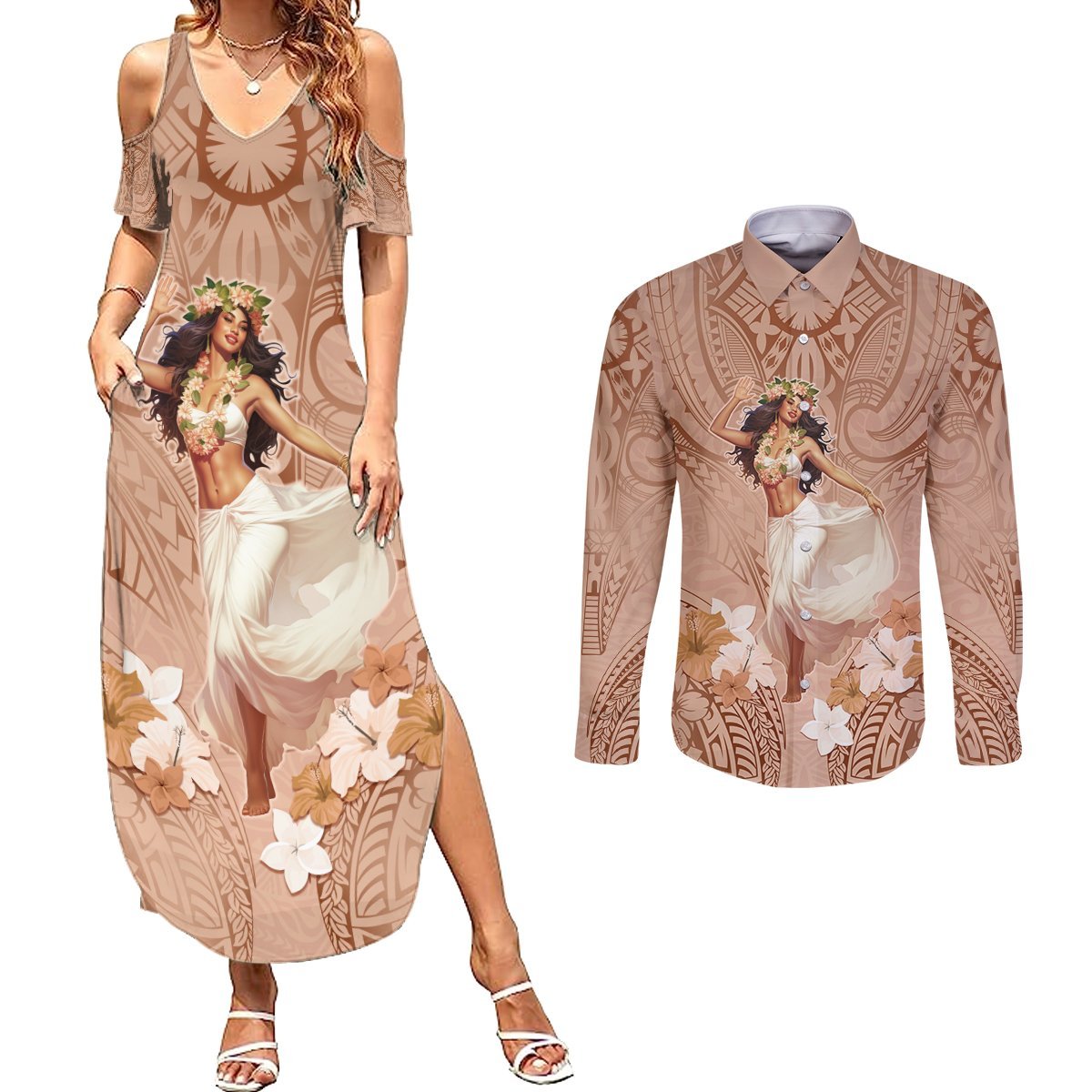 Hawaii Women's Day Couples Matching Summer Maxi Dress and Long Sleeve Button Shirt With Polynesian Pattern LT05 Brown - Polynesian Pride