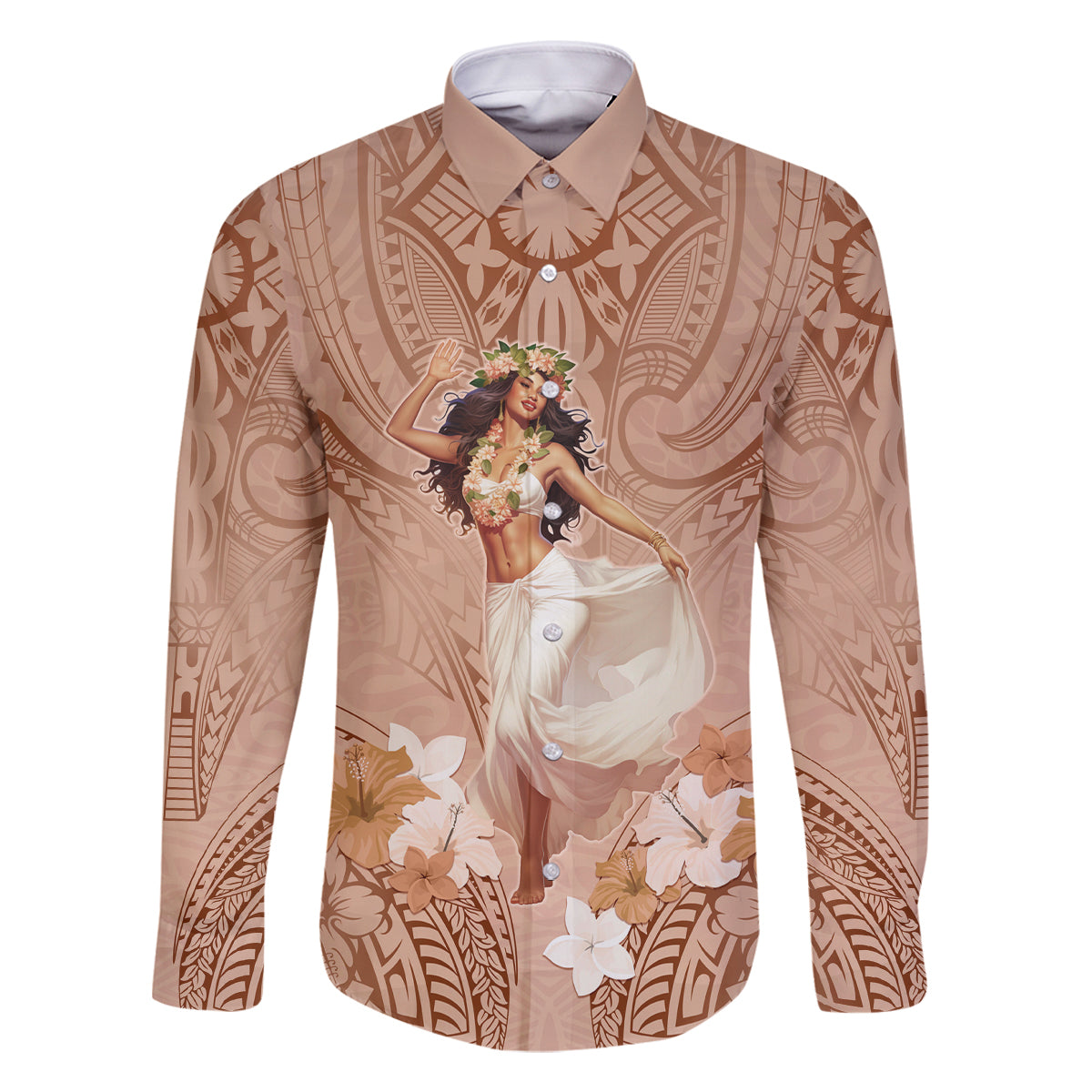 Hawaii Women's Day Family Matching Off Shoulder Long Sleeve Dress and Hawaiian Shirt With Polynesian Pattern LT05 Dad's Shirt - Long Sleeve Brown - Polynesian Pride