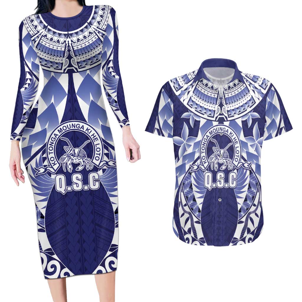 Personalised Tonga Queen Salote College Couples Matching Long Sleeve Bodycon Dress and Hawaiian Shirt Centenary Navy Version LT05 Navy - Polynesian Pride