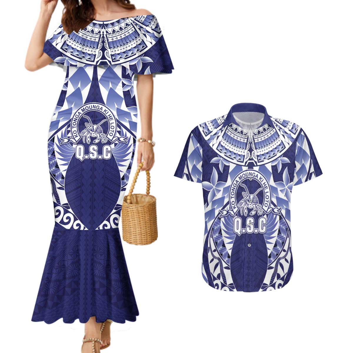 Personalised Tonga Queen Salote College Couples Matching Mermaid Dress and Hawaiian Shirt Centenary Navy Version