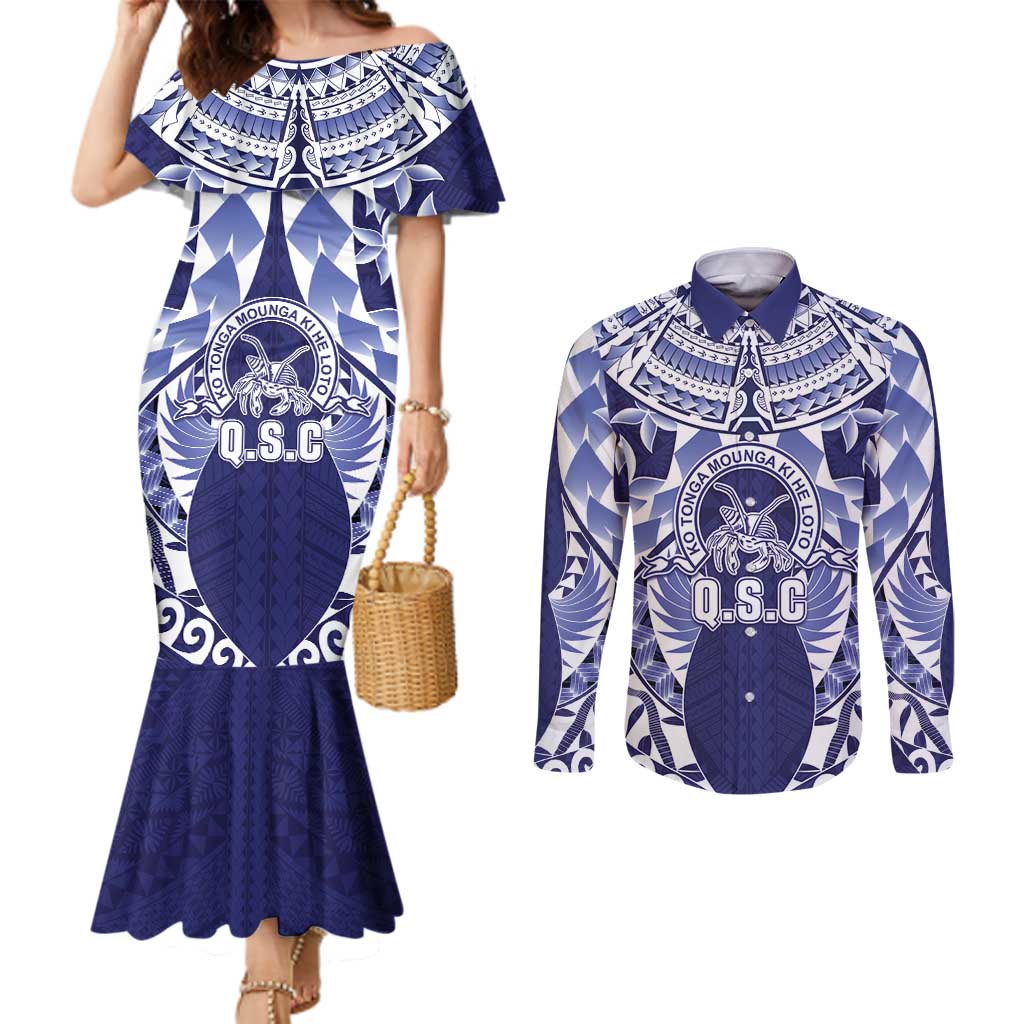 Personalised Tonga Queen Salote College Couples Matching Mermaid Dress and Long Sleeve Button Shirt Centenary Navy Version
