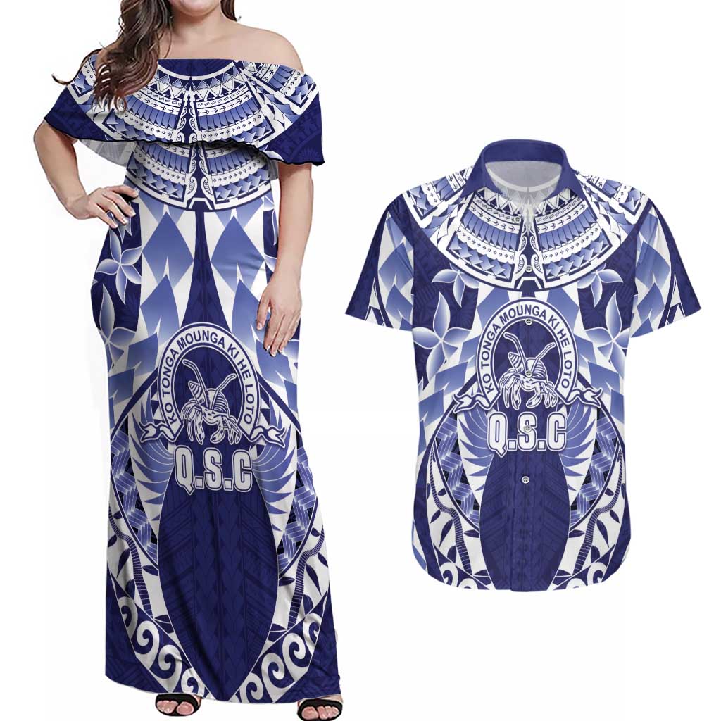 Personalised Tonga Queen Salote College Couples Matching Off Shoulder Maxi Dress and Hawaiian Shirt Centenary Navy Version