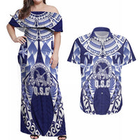 Personalised Tonga Queen Salote College Couples Matching Off Shoulder Maxi Dress and Hawaiian Shirt Centenary Navy Version