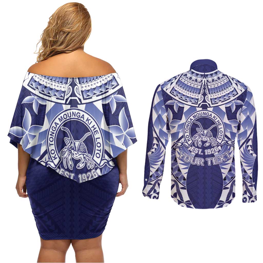 Personalised Tonga Queen Salote College Couples Matching Off Shoulder Short Dress and Long Sleeve Button Shirt Centenary Navy Version