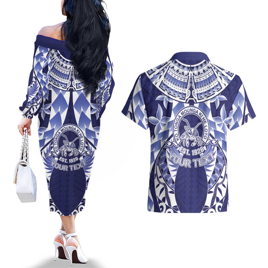 Personalised Tonga Queen Salote College Couples Matching Off The Shoulder Long Sleeve Dress and Hawaiian Shirt Centenary Navy Version LT05 - Polynesian Pride