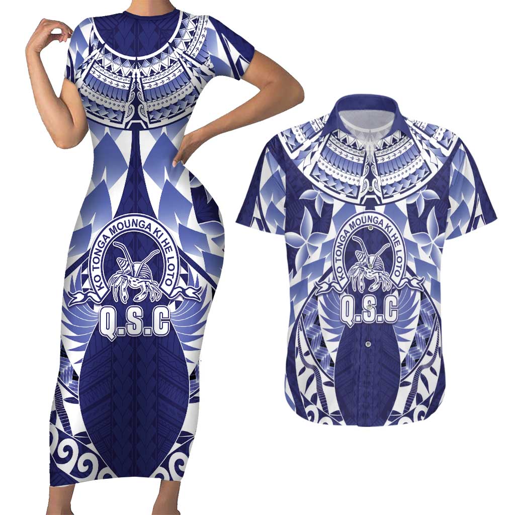 Personalised Tonga Queen Salote College Couples Matching Short Sleeve Bodycon Dress and Hawaiian Shirt Centenary Navy Version LT05 Navy - Polynesian Pride