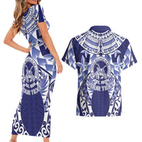 Personalised Tonga Queen Salote College Couples Matching Short Sleeve Bodycon Dress and Hawaiian Shirt Centenary Navy Version LT05 - Polynesian Pride