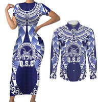 Personalised Tonga Queen Salote College Couples Matching Short Sleeve Bodycon Dress and Long Sleeve Button Shirt Centenary Navy Version