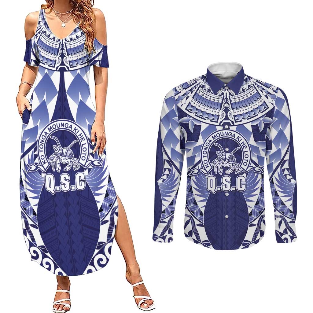 Personalised Tonga Queen Salote College Couples Matching Summer Maxi Dress and Long Sleeve Button Shirt Centenary Navy Version LT05 Navy - Polynesian Pride