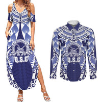 Personalised Tonga Queen Salote College Couples Matching Summer Maxi Dress and Long Sleeve Button Shirt Centenary Navy Version LT05 Navy - Polynesian Pride