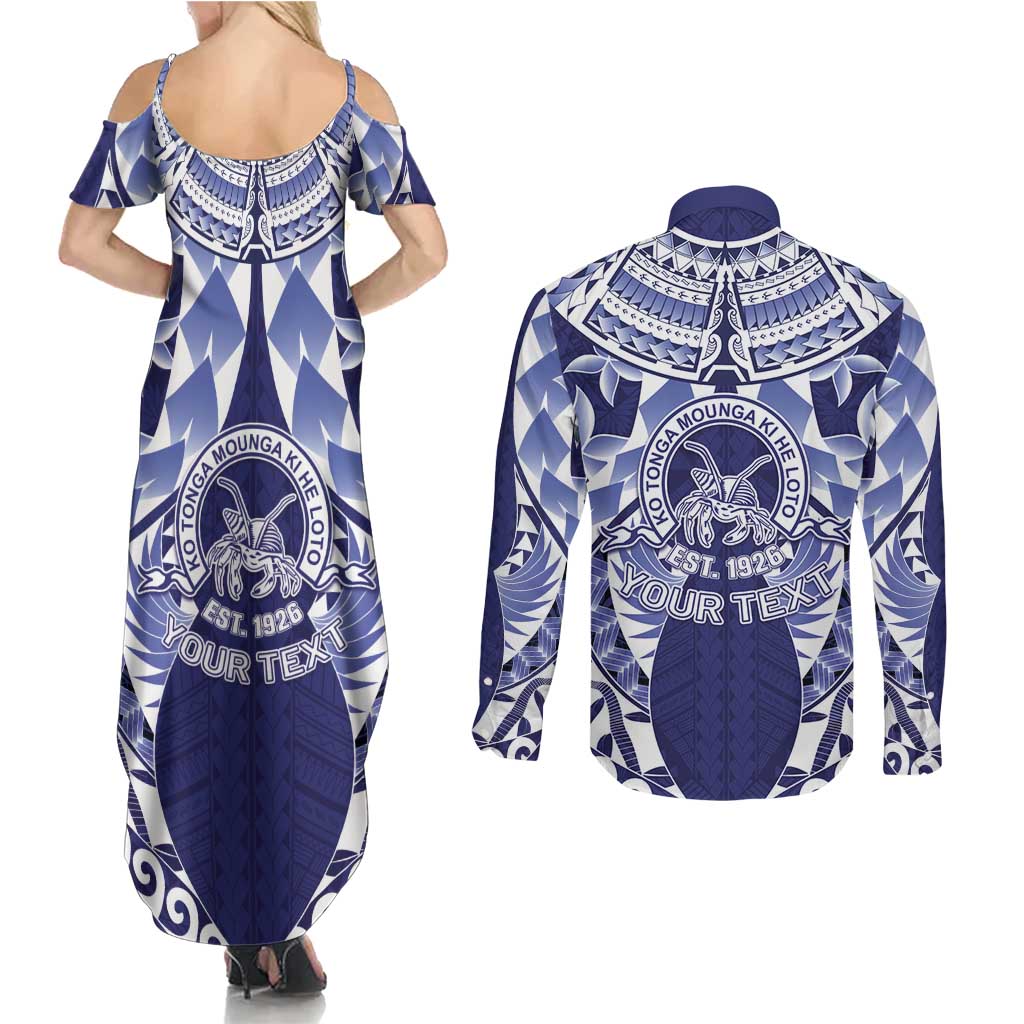 Personalised Tonga Queen Salote College Couples Matching Summer Maxi Dress and Long Sleeve Button Shirt Centenary Navy Version LT05 - Polynesian Pride