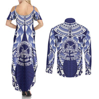 Personalised Tonga Queen Salote College Couples Matching Summer Maxi Dress and Long Sleeve Button Shirt Centenary Navy Version LT05 - Polynesian Pride