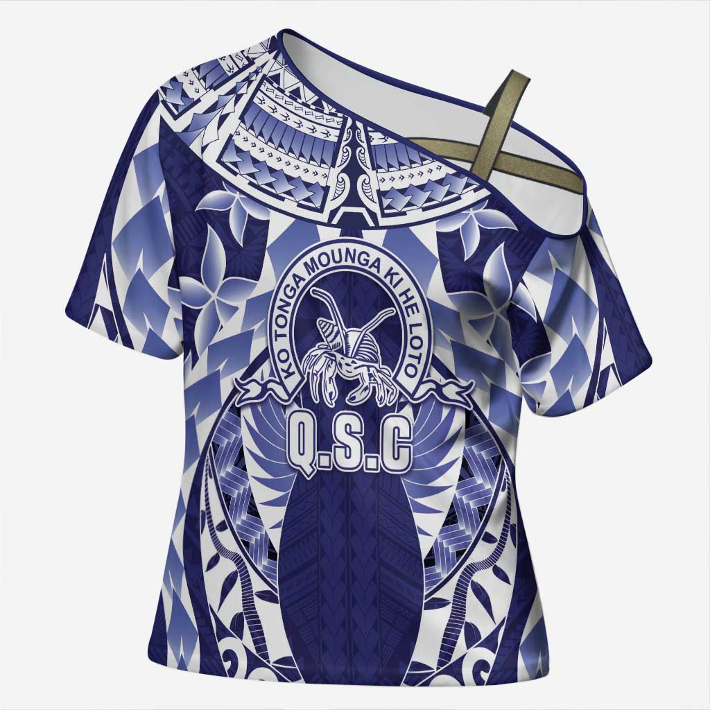 Personalised Tonga Queen Salote College Cross Shoulder Shirt Centenary Navy Version LT05 Female Navy - Polynesian Pride
