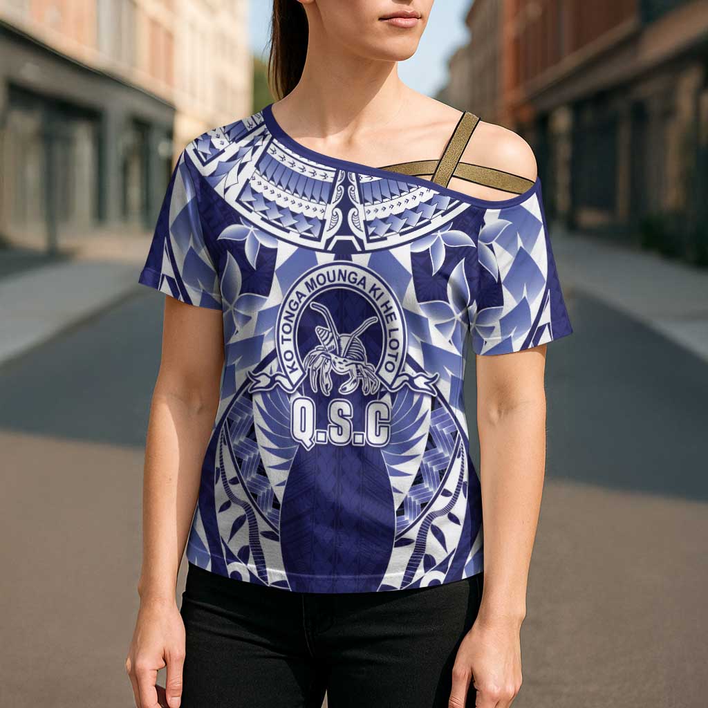 Personalised Tonga Queen Salote College Cross Shoulder Shirt Centenary Navy Version LT05 - Polynesian Pride
