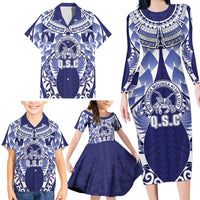 Personalised Tonga Queen Salote College Family Matching Long Sleeve Bodycon Dress and Hawaiian Shirt Centenary Navy Version LT05 - Polynesian Pride