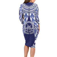 Personalised Tonga Queen Salote College Family Matching Long Sleeve Bodycon Dress and Hawaiian Shirt Centenary Navy Version LT05 - Polynesian Pride