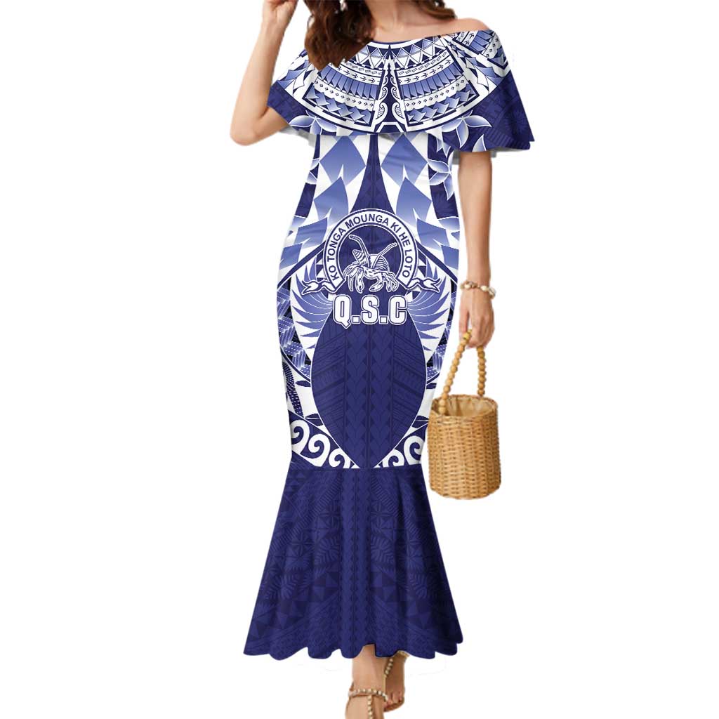 Personalised Tonga Queen Salote College Family Matching Mermaid Dress and Hawaiian Shirt Centenary Navy Version LT05 Mom's Dress Navy - Polynesian Pride
