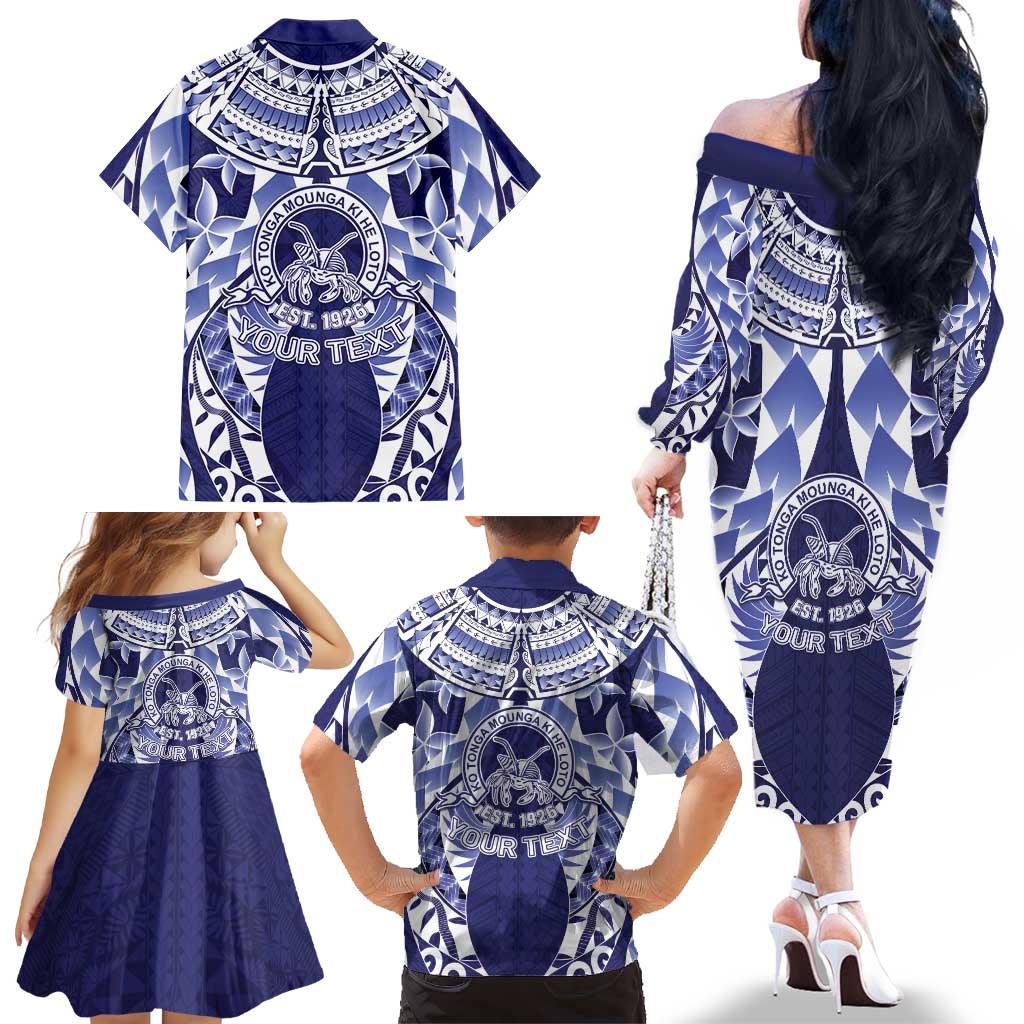 Personalised Tonga Queen Salote College Family Matching Off The Shoulder Long Sleeve Dress and Hawaiian Shirt Centenary Navy Version LT05 - Polynesian Pride