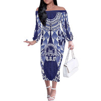 Personalised Tonga Queen Salote College Family Matching Off The Shoulder Long Sleeve Dress and Hawaiian Shirt Centenary Navy Version LT05 Mom's Dress Navy - Polynesian Pride