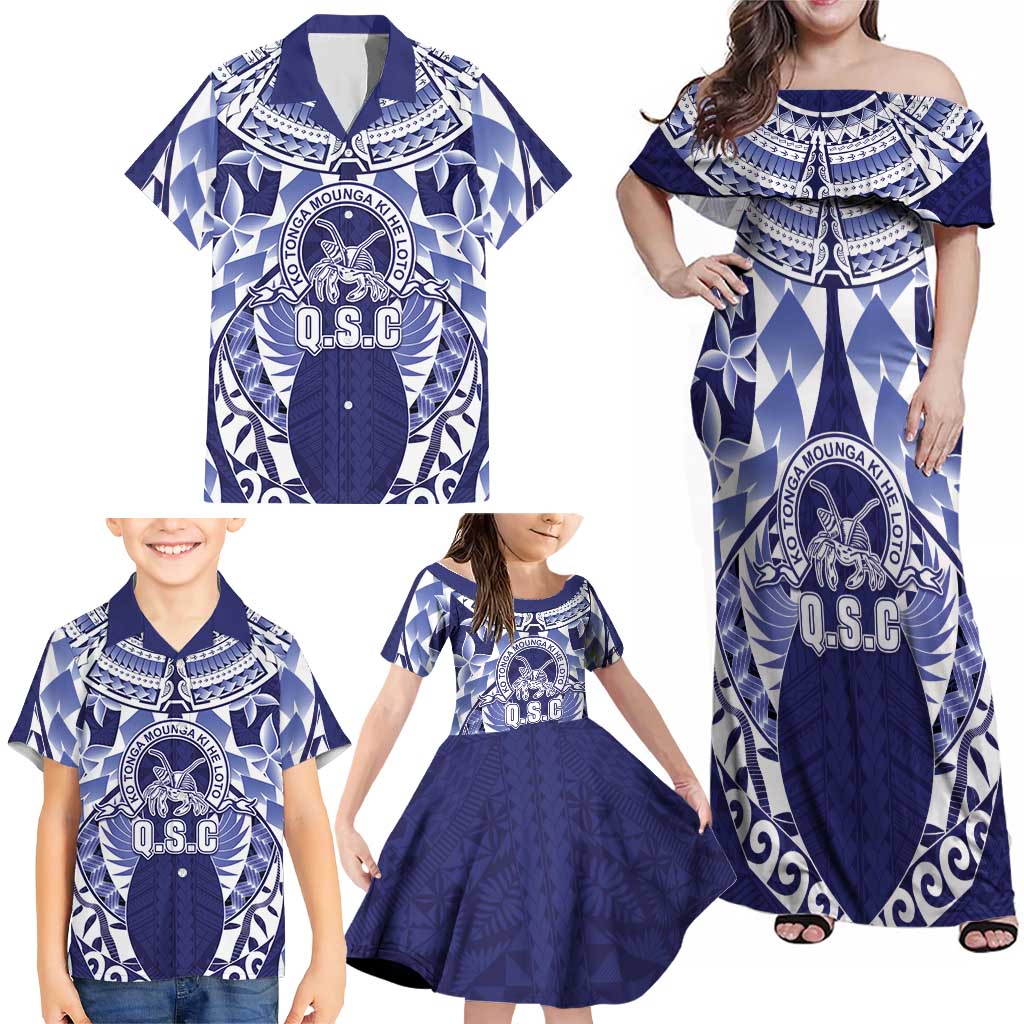 Personalised Tonga Queen Salote College Family Matching Off Shoulder Maxi Dress and Hawaiian Shirt Centenary Navy Version LT05 - Polynesian Pride