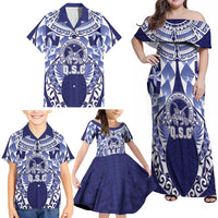 Personalised Tonga Queen Salote College Family Matching Off Shoulder Maxi Dress and Hawaiian Shirt Centenary Navy Version LT05 - Polynesian Pride