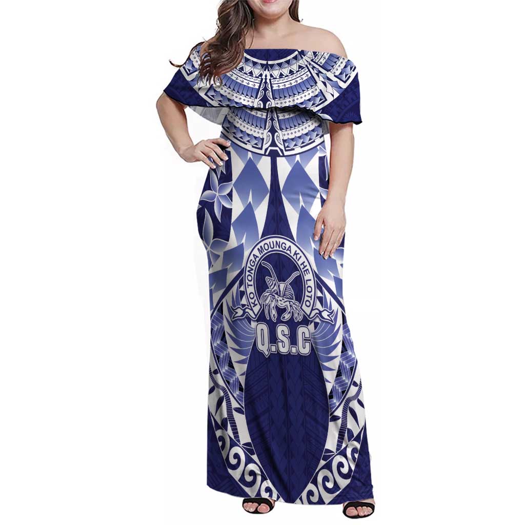 Personalised Tonga Queen Salote College Family Matching Off Shoulder Maxi Dress and Hawaiian Shirt Centenary Navy Version LT05 Mom's Dress Navy - Polynesian Pride
