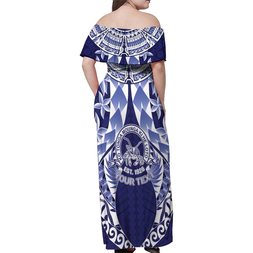 Personalised Tonga Queen Salote College Family Matching Off Shoulder Maxi Dress and Hawaiian Shirt Centenary Navy Version LT05 - Polynesian Pride
