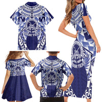 Personalised Tonga Queen Salote College Family Matching Short Sleeve Bodycon Dress and Hawaiian Shirt Centenary Navy Version LT05 - Polynesian Pride