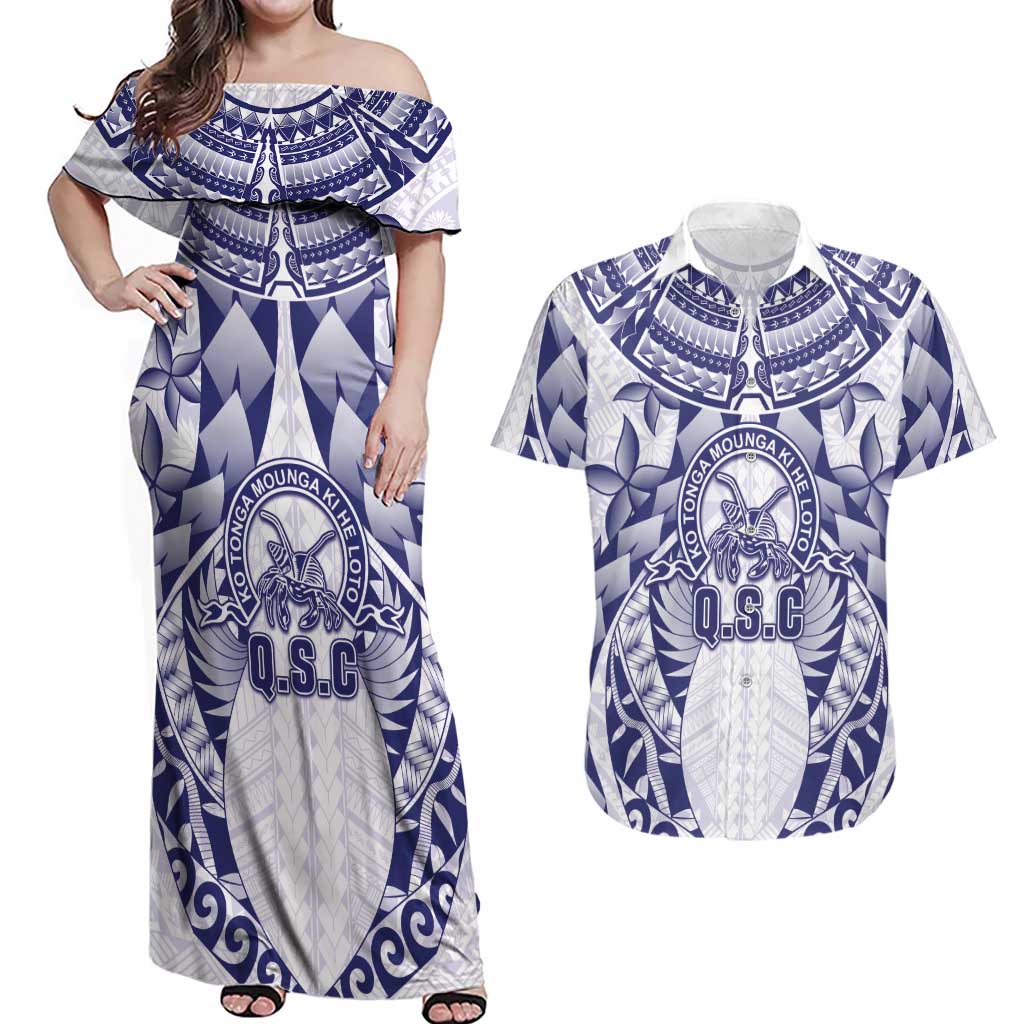 Personalised Tonga Queen Salote College Couples Matching Off Shoulder Maxi Dress and Hawaiian Shirt Centenary White Version
