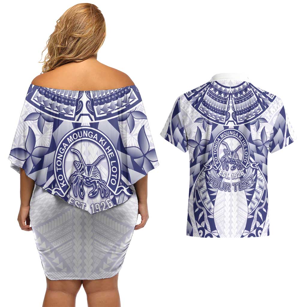 Personalised Tonga Queen Salote College Couples Matching Off Shoulder Short Dress and Hawaiian Shirt Centenary White Version
