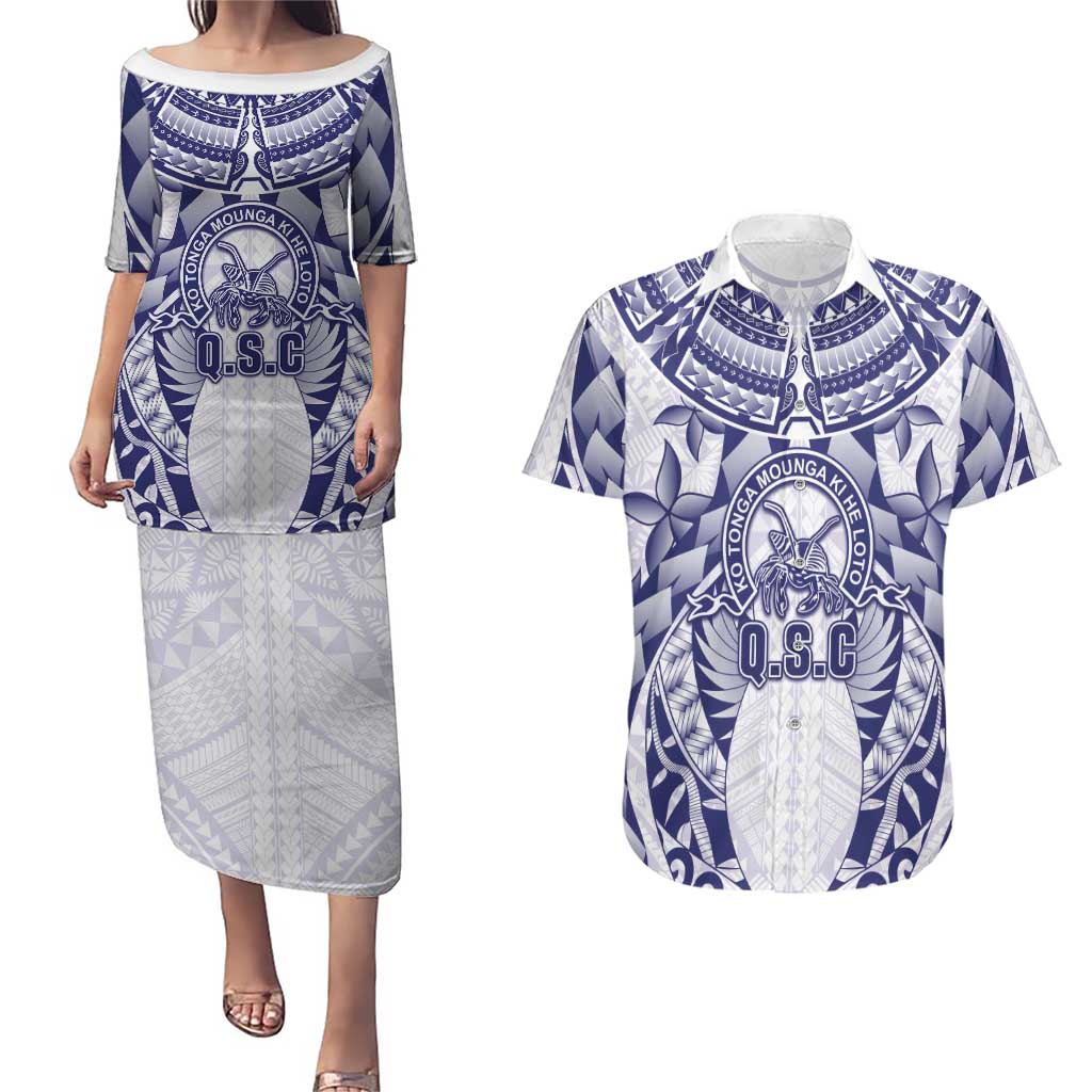 Personalised Tonga Queen Salote College Couples Matching Puletasi and Hawaiian Shirt Centenary White Version
