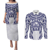 Personalised Tonga Queen Salote College Couples Matching Puletasi and Long Sleeve Button Shirt Centenary White Version