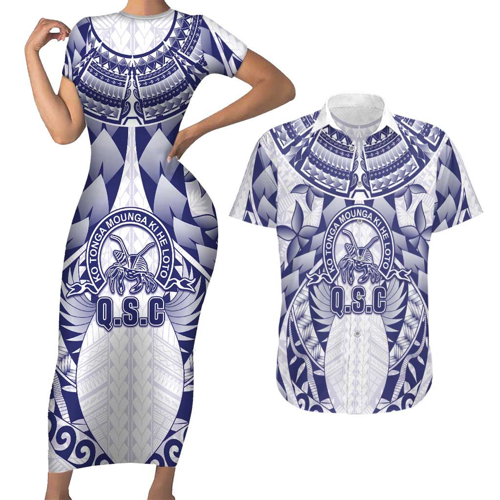 Personalised Tonga Queen Salote College Couples Matching Short Sleeve Bodycon Dress and Hawaiian Shirt Centenary White Version LT05 White - Polynesian Pride