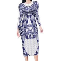 Personalised Tonga Queen Salote College Family Matching Long Sleeve Bodycon Dress and Hawaiian Shirt Centenary White Version LT05 Mom's Dress White - Polynesian Pride