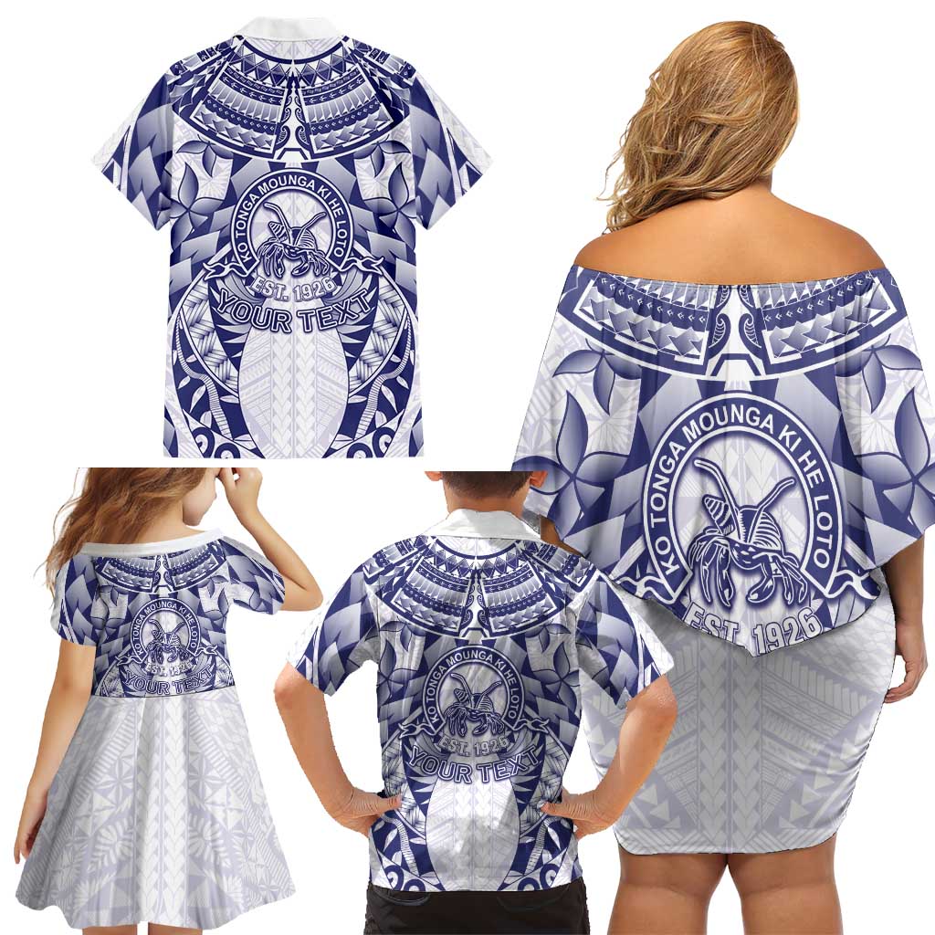 Personalised Tonga Queen Salote College Family Matching Off Shoulder Short Dress and Hawaiian Shirt Centenary White Version LT05 - Polynesian Pride