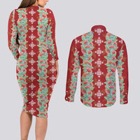 Hawaii Ohia Lehua Couples Matching Long Sleeve Bodycon Dress and Long Sleeve Button Shirt Tropical Vibes Crimson LT05 - Polynesian Pride