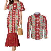 Hawaii Ohia Lehua Couples Matching Mermaid Dress and Long Sleeve Button Shirt Tropical Vibes Crimson LT05 Crimson - Polynesian Pride