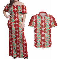 Hawaii Ohia Lehua Couples Matching Off Shoulder Maxi Dress and Hawaiian Shirt Tropical Vibes Crimson LT05 Crimson - Polynesian Pride