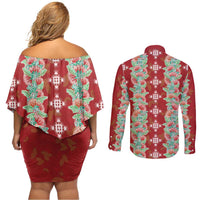 Hawaii Ohia Lehua Couples Matching Off Shoulder Short Dress and Long Sleeve Button Shirt Tropical Vibes Crimson LT05 - Polynesian Pride