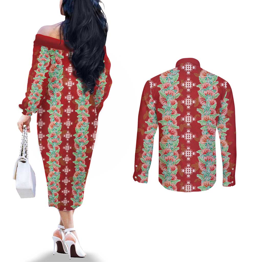 Hawaii Ohia Lehua Couples Matching Off The Shoulder Long Sleeve Dress and Long Sleeve Button Shirt Tropical Vibes Crimson LT05 - Polynesian Pride