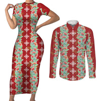 Hawaii Ohia Lehua Couples Matching Short Sleeve Bodycon Dress and Long Sleeve Button Shirt Tropical Vibes Crimson LT05 Crimson - Polynesian Pride
