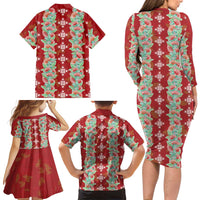 Hawaii Ohia Lehua Family Matching Long Sleeve Bodycon Dress and Hawaiian Shirt Tropical Vibes Crimson LT05 - Polynesian Pride