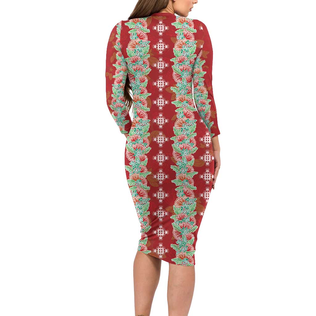 Hawaii Ohia Lehua Family Matching Long Sleeve Bodycon Dress and Hawaiian Shirt Tropical Vibes Crimson LT05 - Polynesian Pride