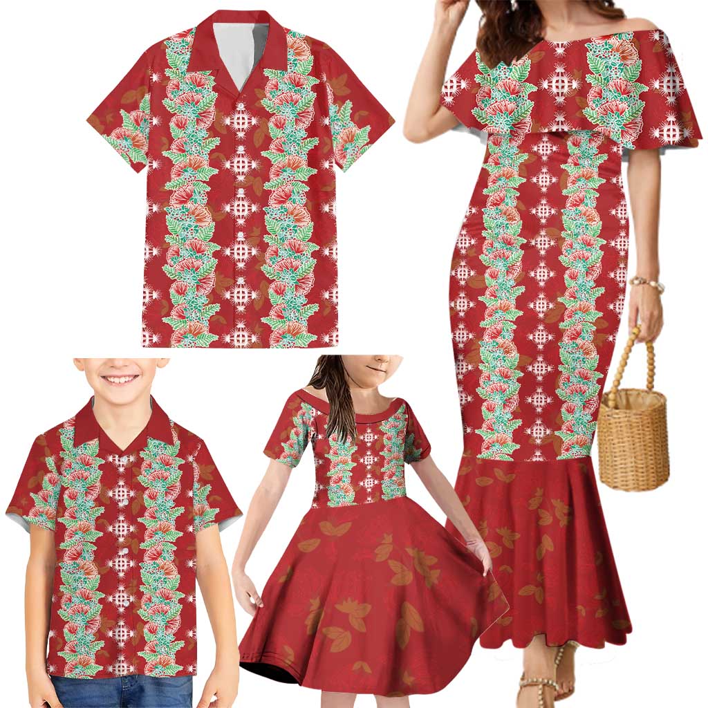 Hawaii Ohia Lehua Family Matching Mermaid Dress and Hawaiian Shirt Tropical Vibes Crimson