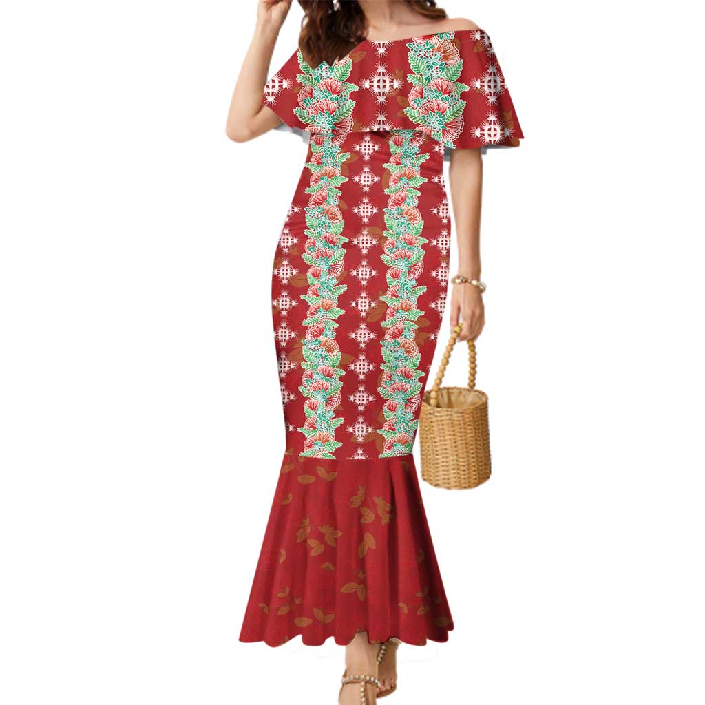 Hawaii Ohia Lehua Family Matching Mermaid Dress and Hawaiian Shirt Tropical Vibes Crimson LT05 Mom's Dress Crimson - Polynesian Pride