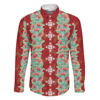 Hawaii Ohia Lehua Family Matching Off The Shoulder Long Sleeve Dress and Hawaiian Shirt Tropical Vibes Crimson LT05 Dad's Shirt - Long Sleeve Crimson - Polynesian Pride